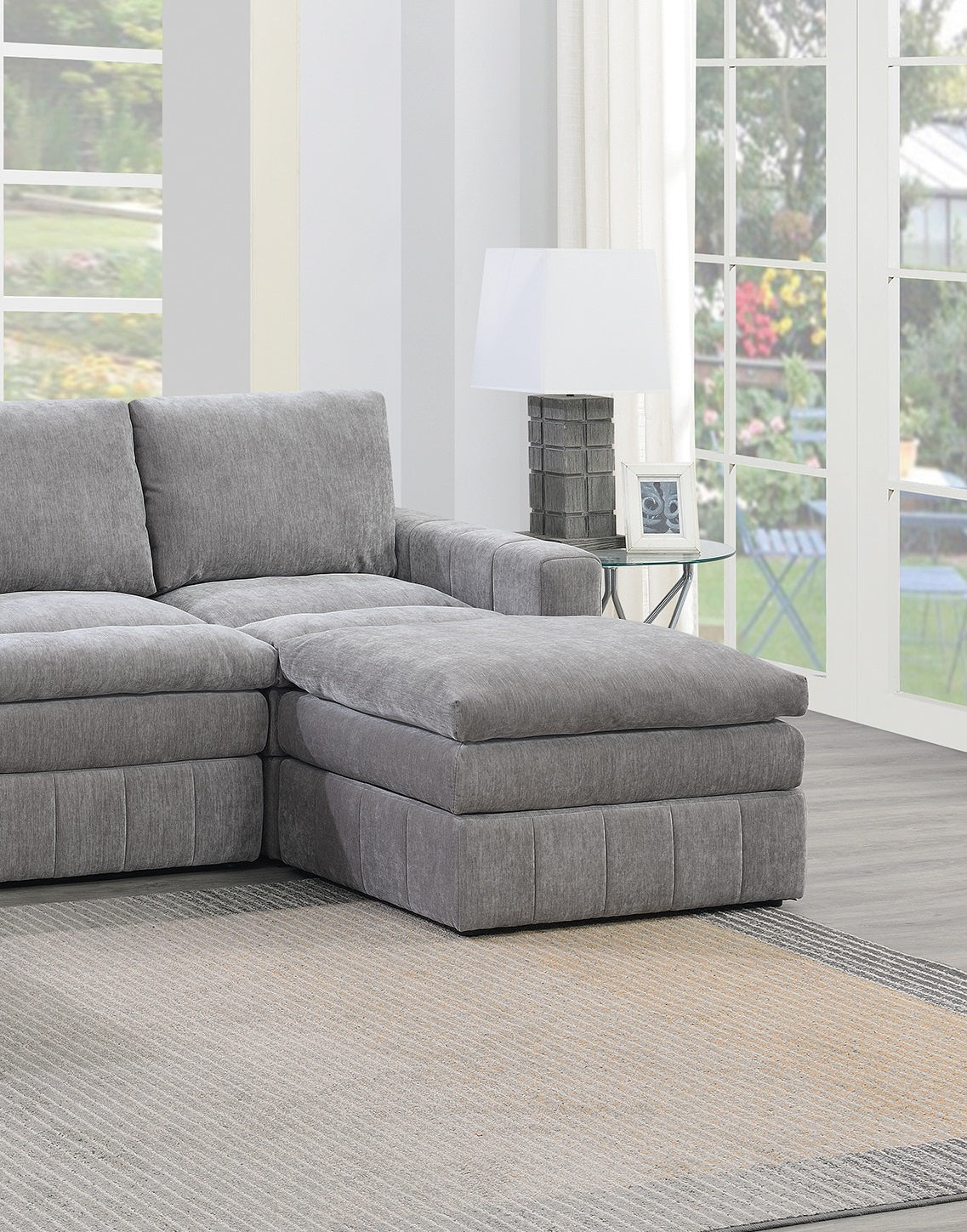 Contemporary 6pc Set Modular Sectional Set 2x One Arm Chair / Wedge 2x Armless Chairs 2x Ottomans Granite Color Morgan Fabric Plush Living Room Furniture