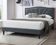 Modern Vintage Look 1pc Full Size Bed Charcoal Burlap Fabric Nailhead Trim Accents Headboard Bedframe