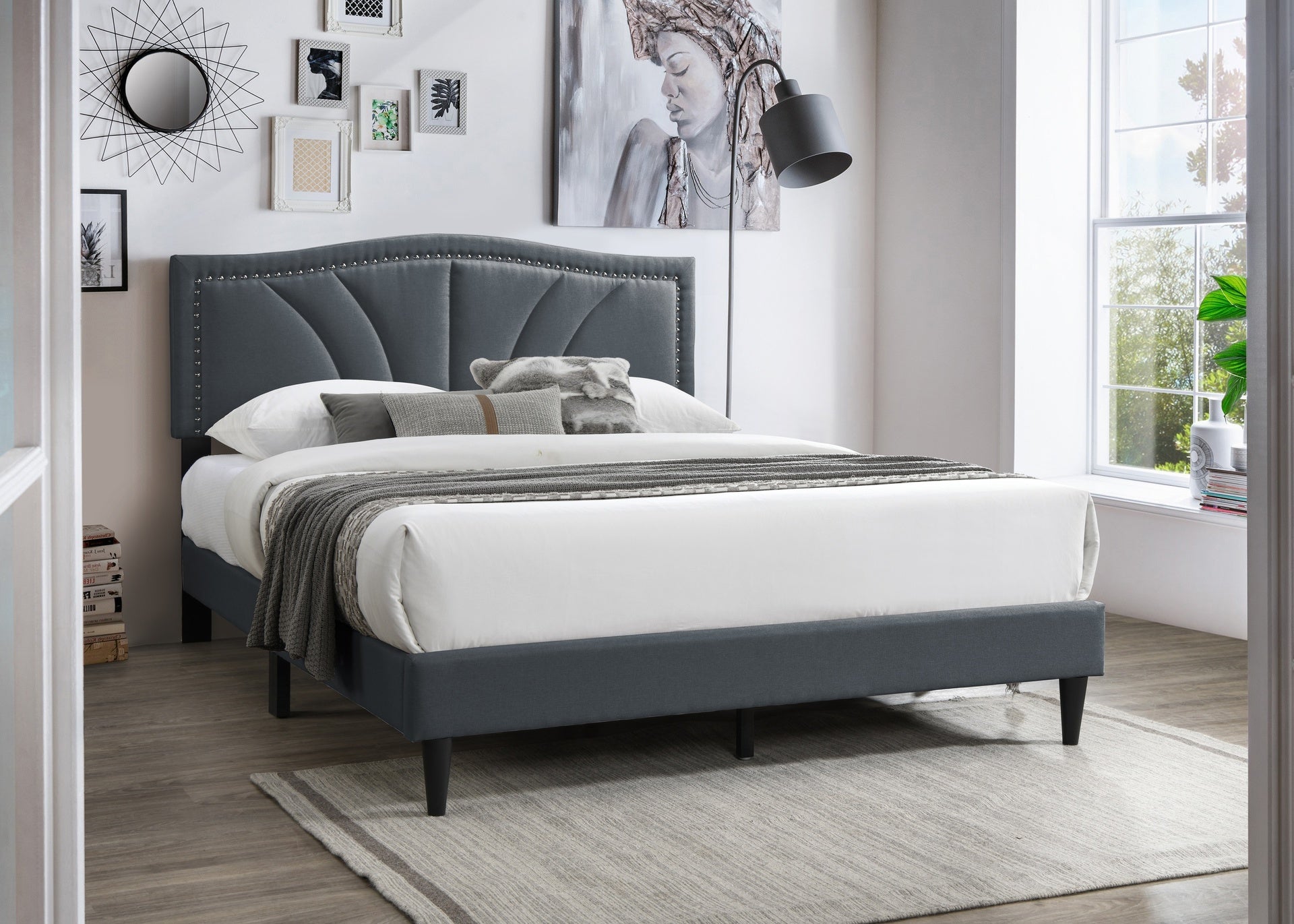 Modern Vintage Look 1pc Full Size Bed Charcoal Burlap Fabric Nailhead Trim Accents Headboard Bedframe