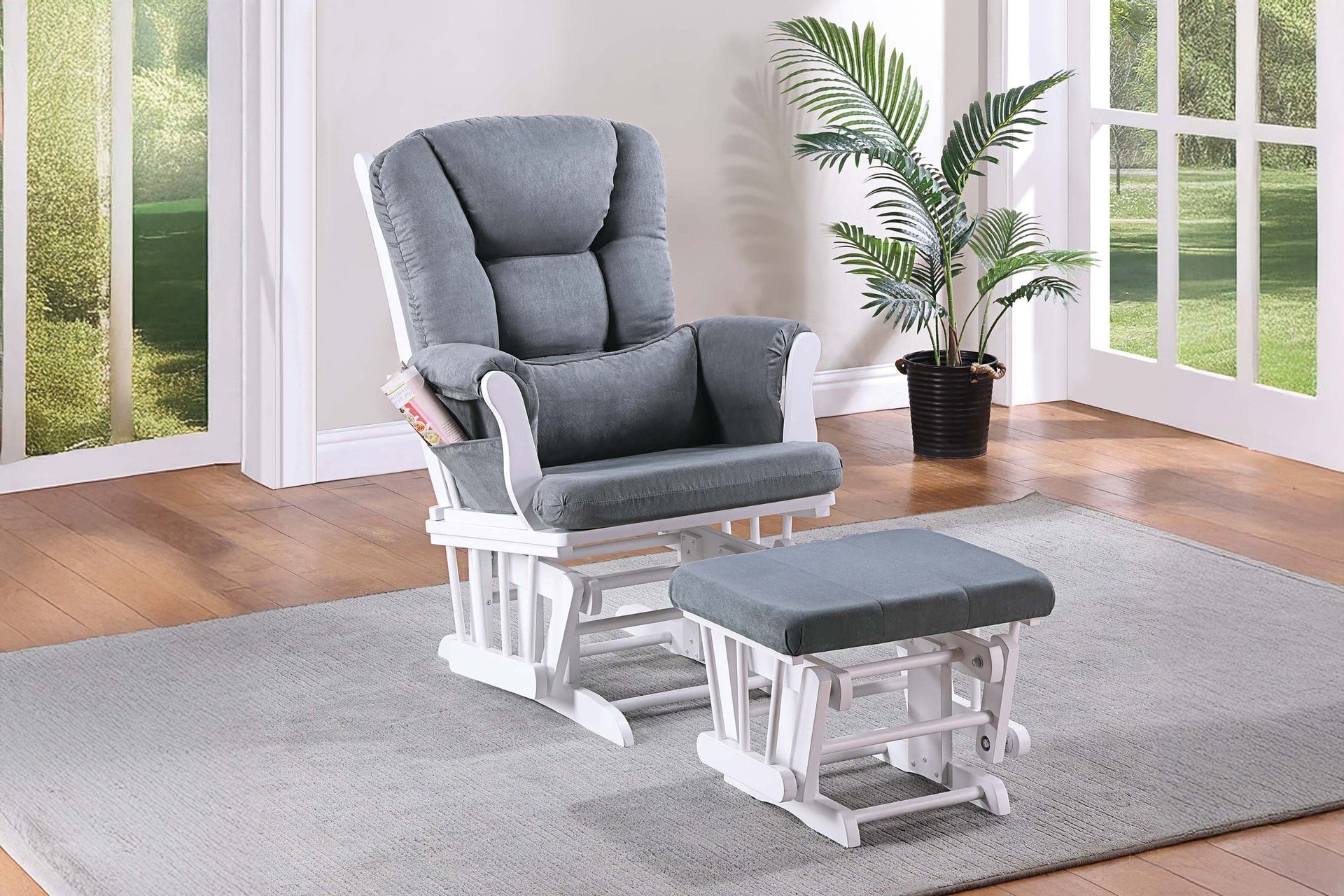 Luxurious Upholstered Glider Chair w Ottoman Dark Gray Microfiber Gliding Motion Chair Plush Cushion Seat Wooden Base