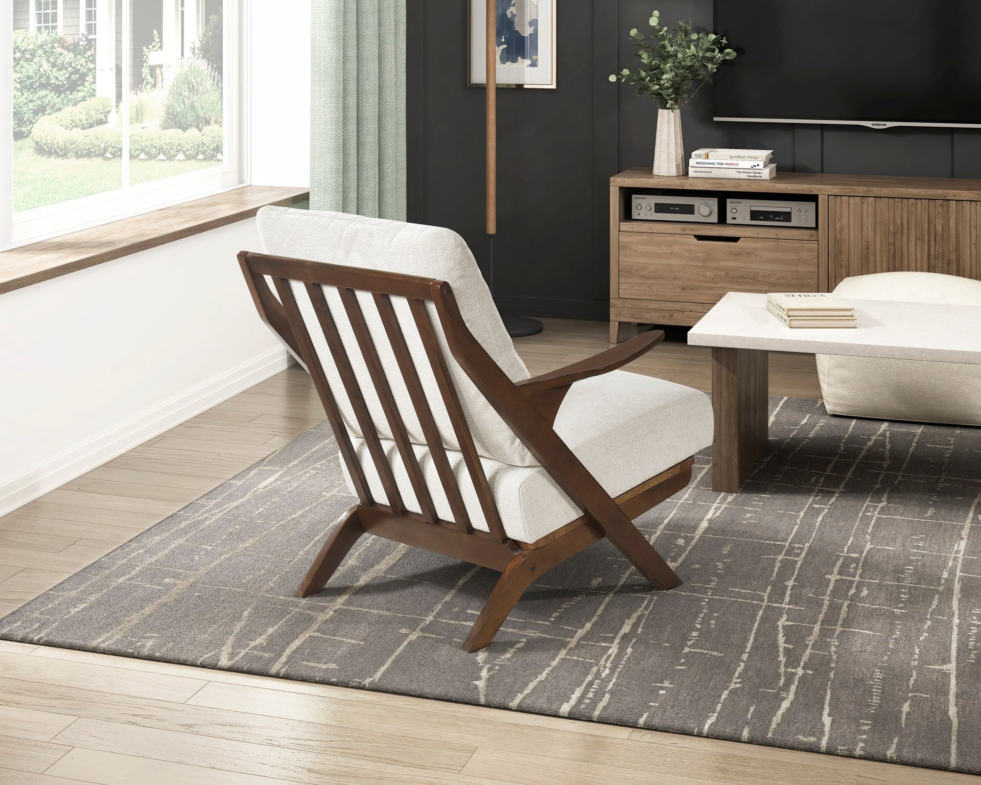 Mid-Century Modern Style Accent Chair 1pc Brown Solid Rubberwood Frame Comfort Seat Cushion Beige Chenille Upholstery Living Room Furniture