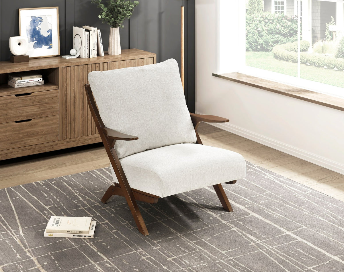 Mid-Century Modern Style Accent Chair 1pc Brown Solid Rubberwood Frame Comfort Seat Cushion Beige Chenille Upholstery Living Room Furniture