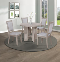 5pc Dining Set Round Table Upholstered Chairs Wooden Dining Room Furniture Beige Drift wood Finish