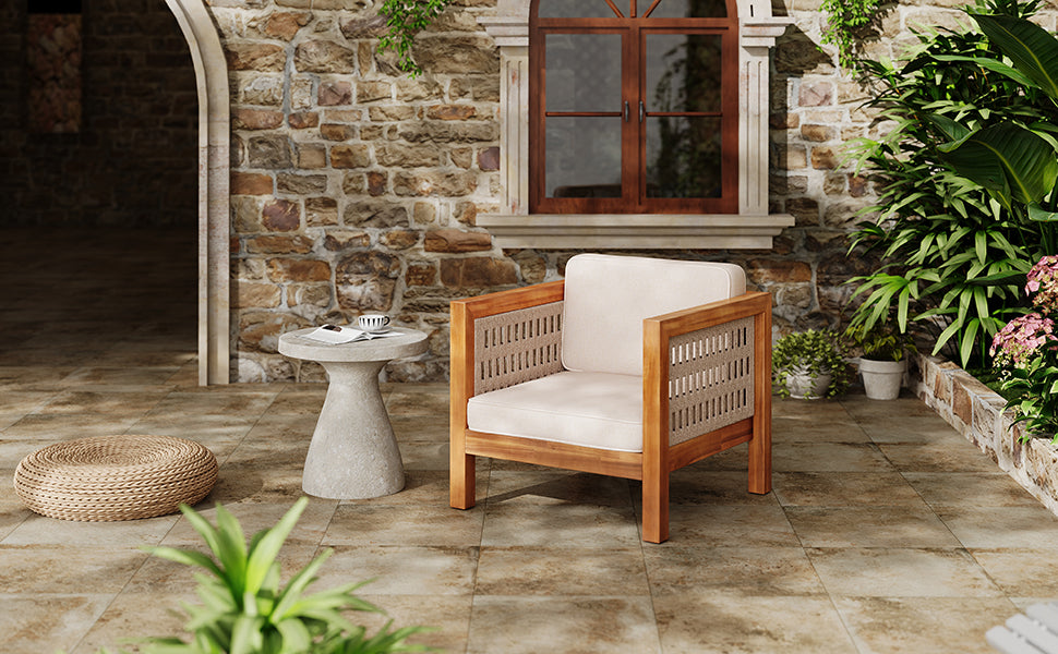 Acacia Wood Outdoor Club Chair  with Beige Rope Arm and Beige Cushions,400 lbs Capacity
