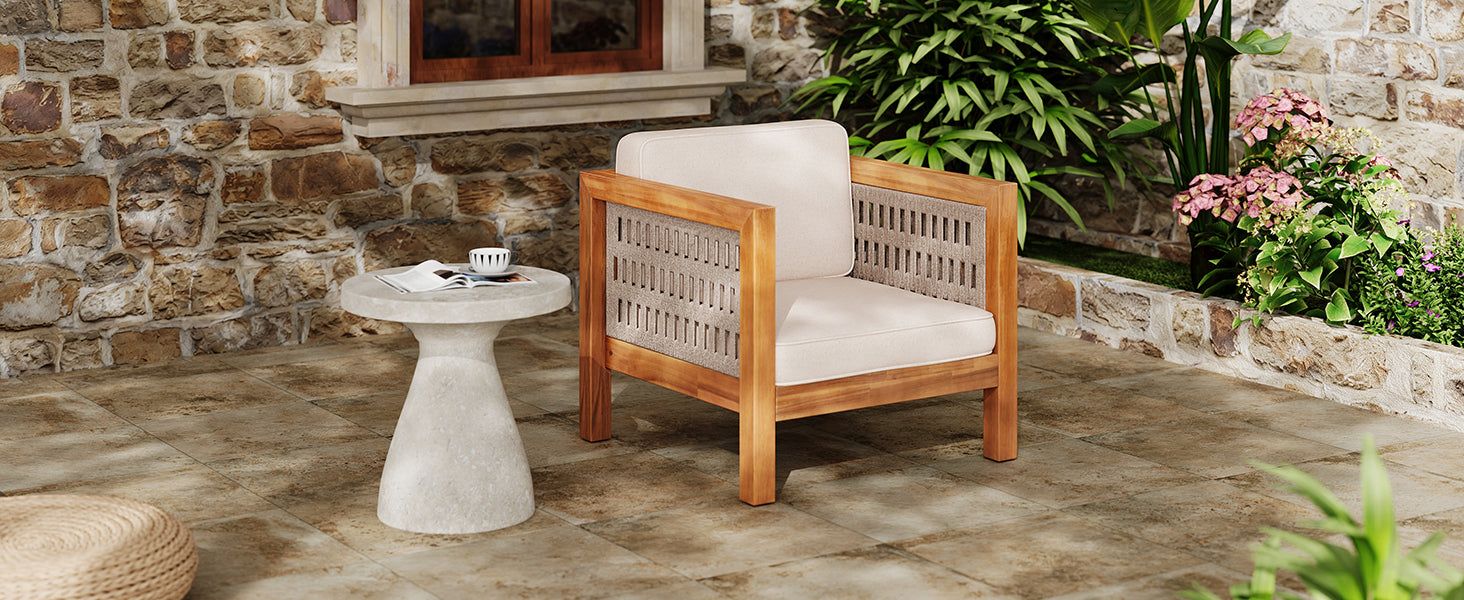 Acacia Wood Outdoor Club Chair  with Beige Rope Arm and Beige Cushions,400 lbs Capacity