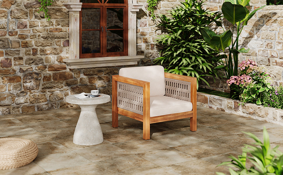 Acacia Wood Outdoor Club Chair  with Beige Rope Arm and Beige Cushions,400 lbs Capacity