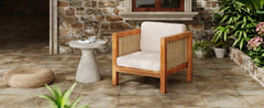 Acacia Wood Outdoor Club Chair with Wicker Armrest and Beige Cushions,400 lbs Capacity