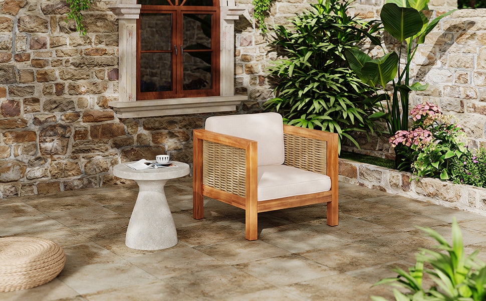 Acacia Wood Outdoor Club Chair with Wicker Armrest and Beige Cushions,400 lbs Capacity