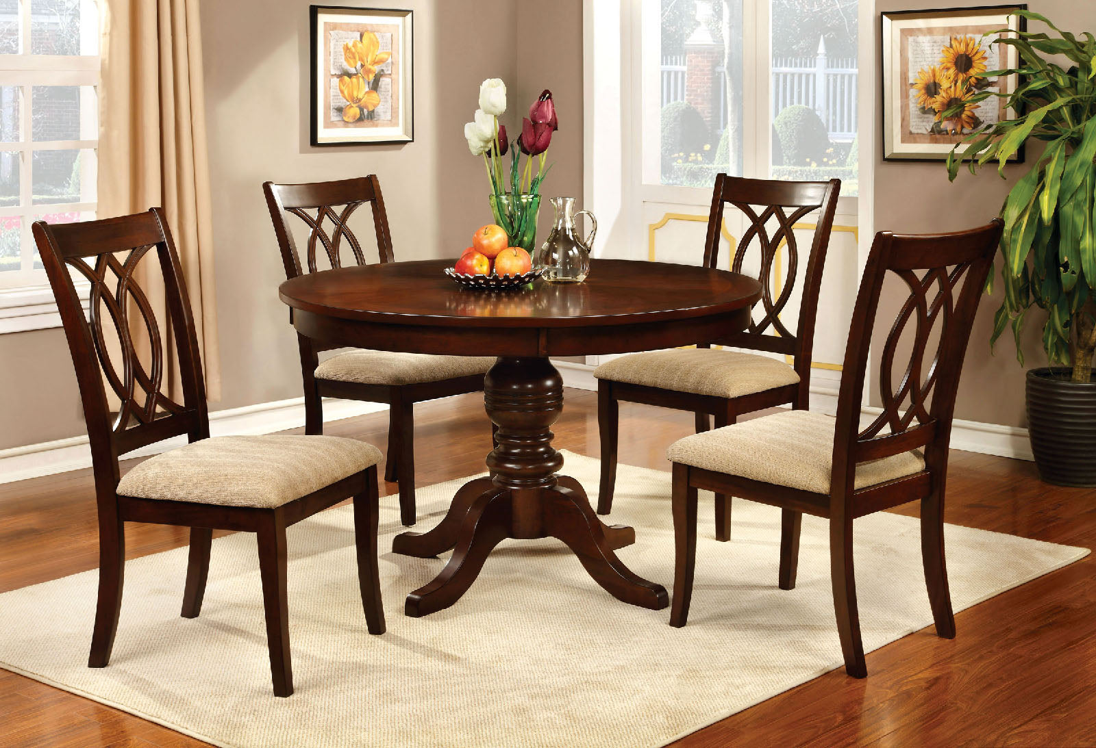 Contemporary Style 5pc Dining Set Brown Cherry Solid wood Round Pedestal Table 4x Side Chairs Dining Room Furniture