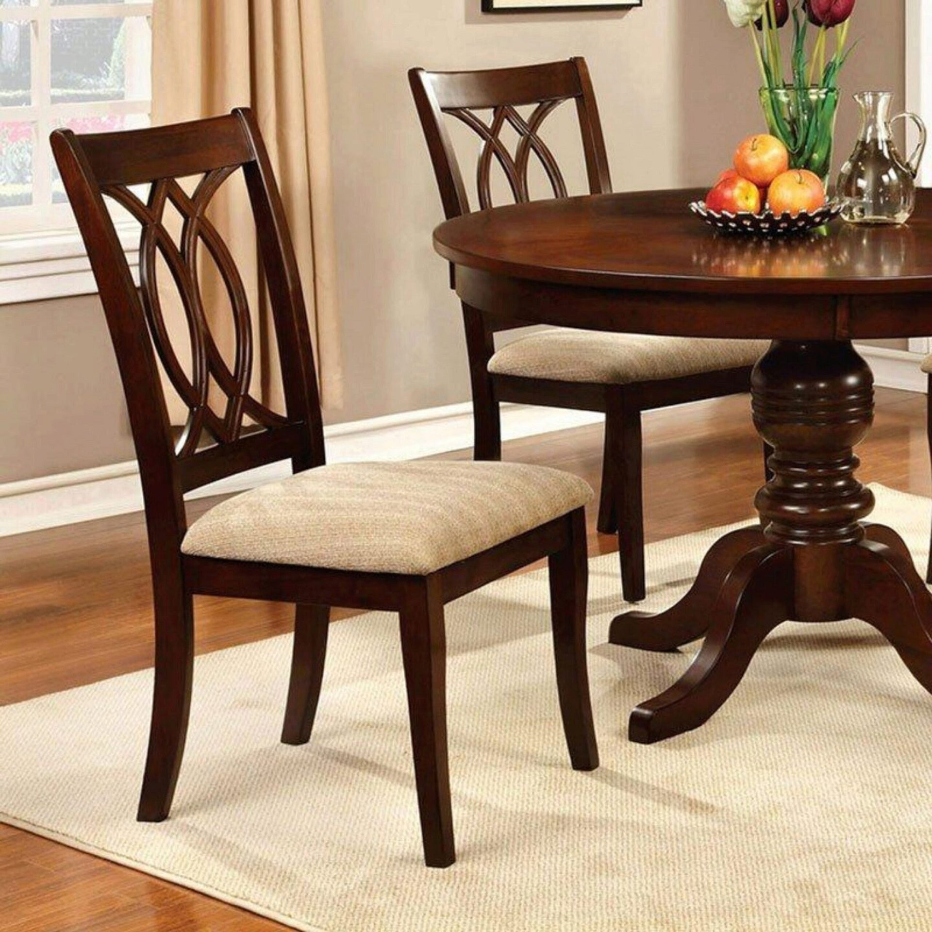 Contemporary Style 5pc Dining Set Brown Cherry Solid wood Round Pedestal Table 4x Side Chairs Dining Room Furniture
