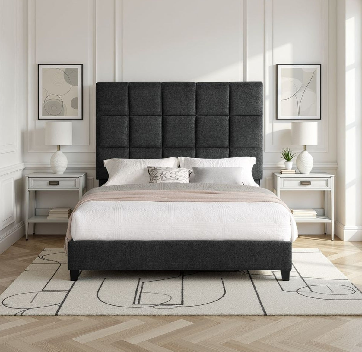 Queen Size Grey Squares Upholstered Platform Bed