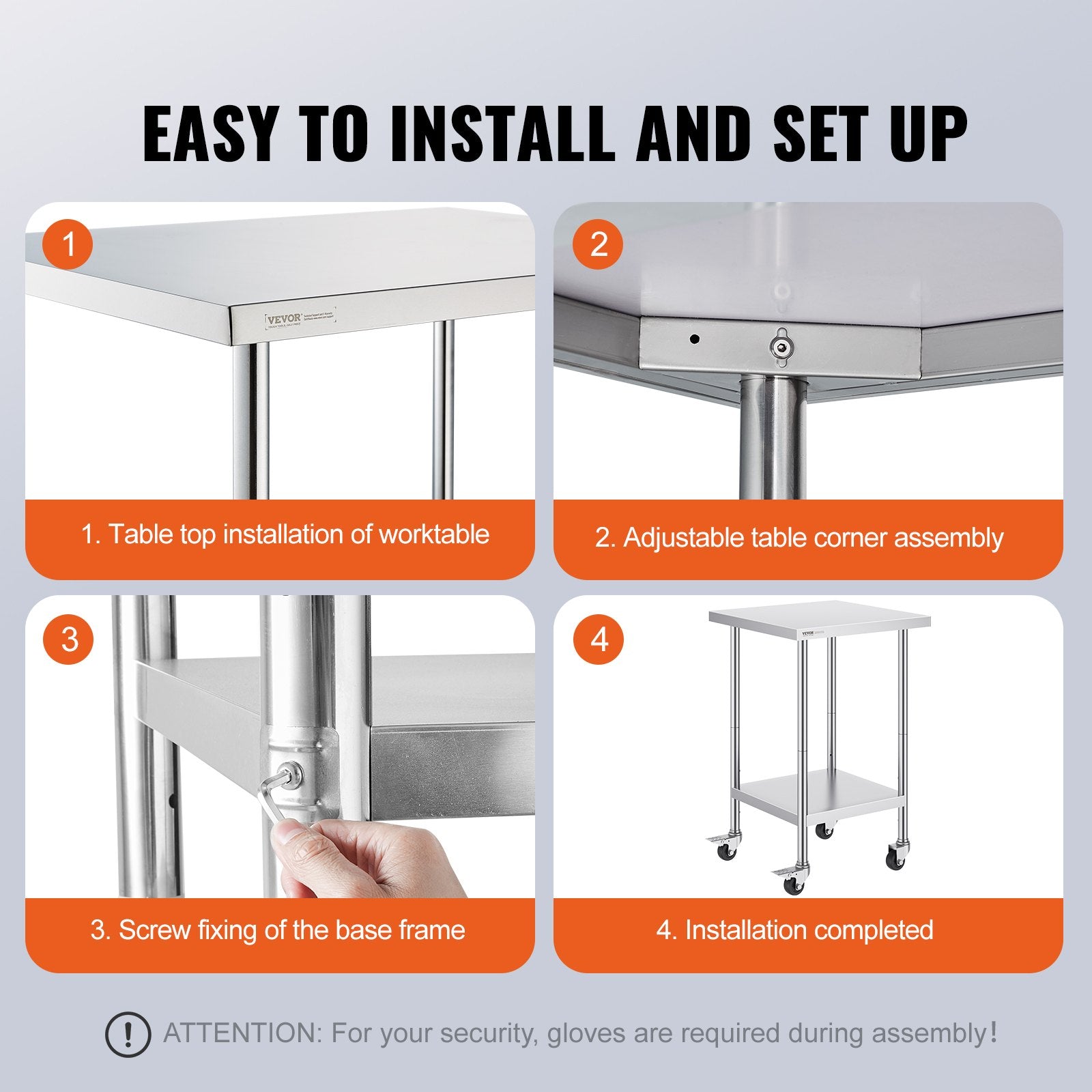 Stainless Steel Work Table 24 x 24 x 38 Inch, with 4 Wheels, 3 Adjustable Height Levels, Heavy Duty Food Prep Worktable for Commercial Kitchen Restaurant, Silver