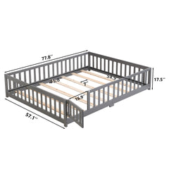 full Size Floor Bed with Door,Solid Wood Platform Bed Frame with Fence,Suitable for children,Pine Wood,Gray