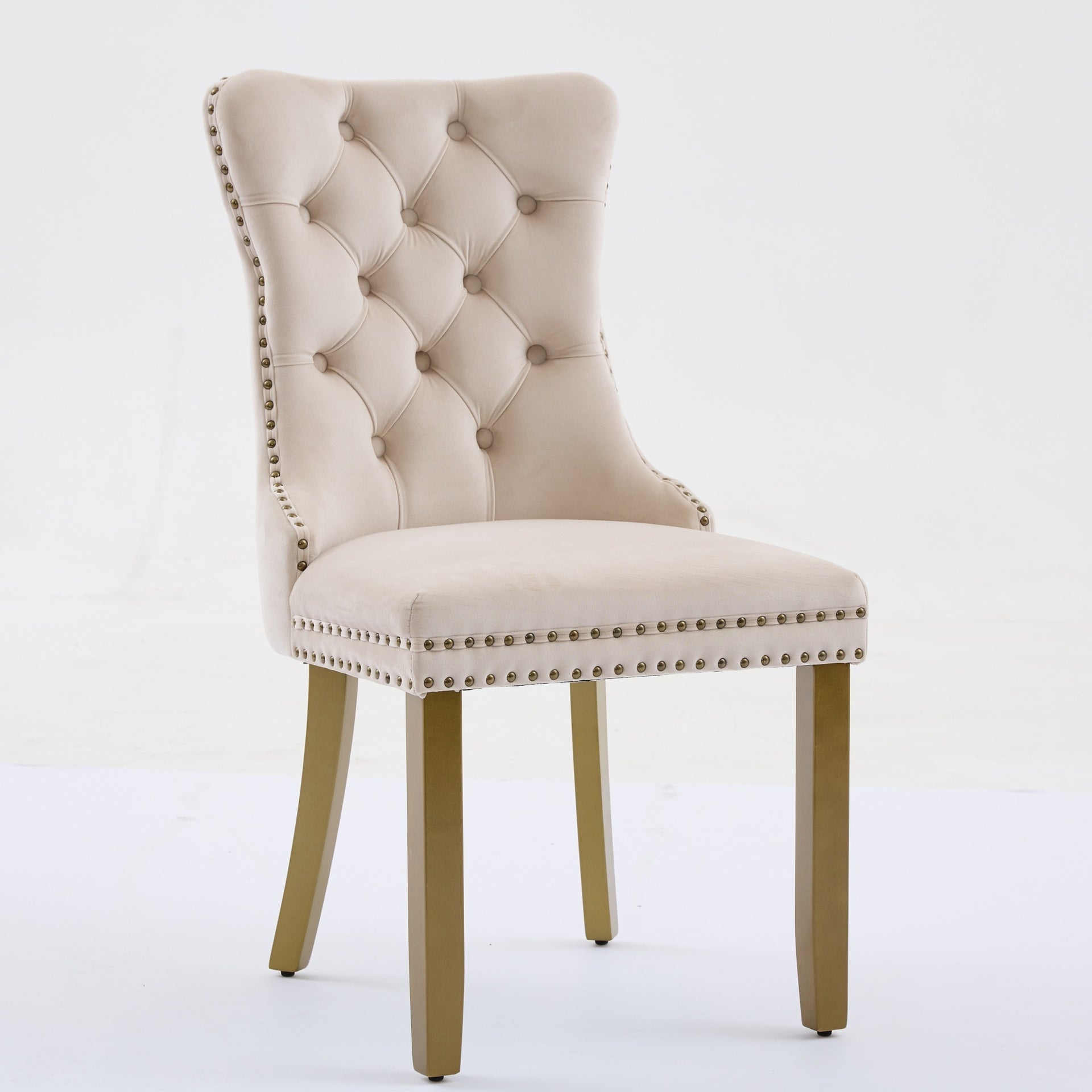 Mid-Century Modern Chairs with Lion Head Pull Ring,High-end Tufted Solid Wood Contemporary Velvet Upholstered Dining Chair with Golden Wooden Legs Nailhead Trim 2-Pcs Set,Beige,SW1201BG