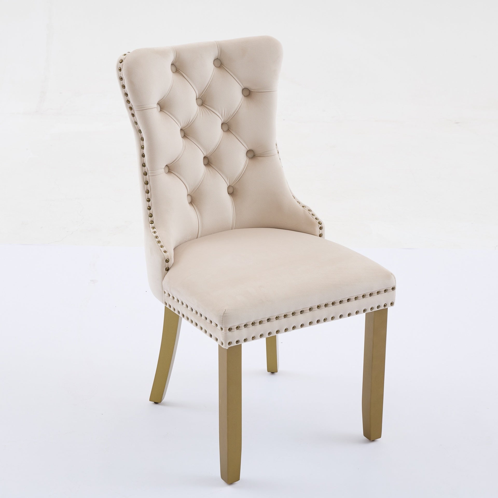 Mid-Century Modern Chairs with Lion Head Pull Ring,High-end Tufted Solid Wood Contemporary Velvet Upholstered Dining Chair with Golden Wooden Legs Nailhead Trim 2-Pcs Set,Beige,SW1201BG