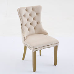 Mid-Century Modern Chairs with Lion Head Pull Ring,High-end Tufted Solid Wood Contemporary Velvet Upholstered Dining Chair with Golden Wooden Legs Nailhead Trim 2-Pcs Set,Beige,SW1201BG
