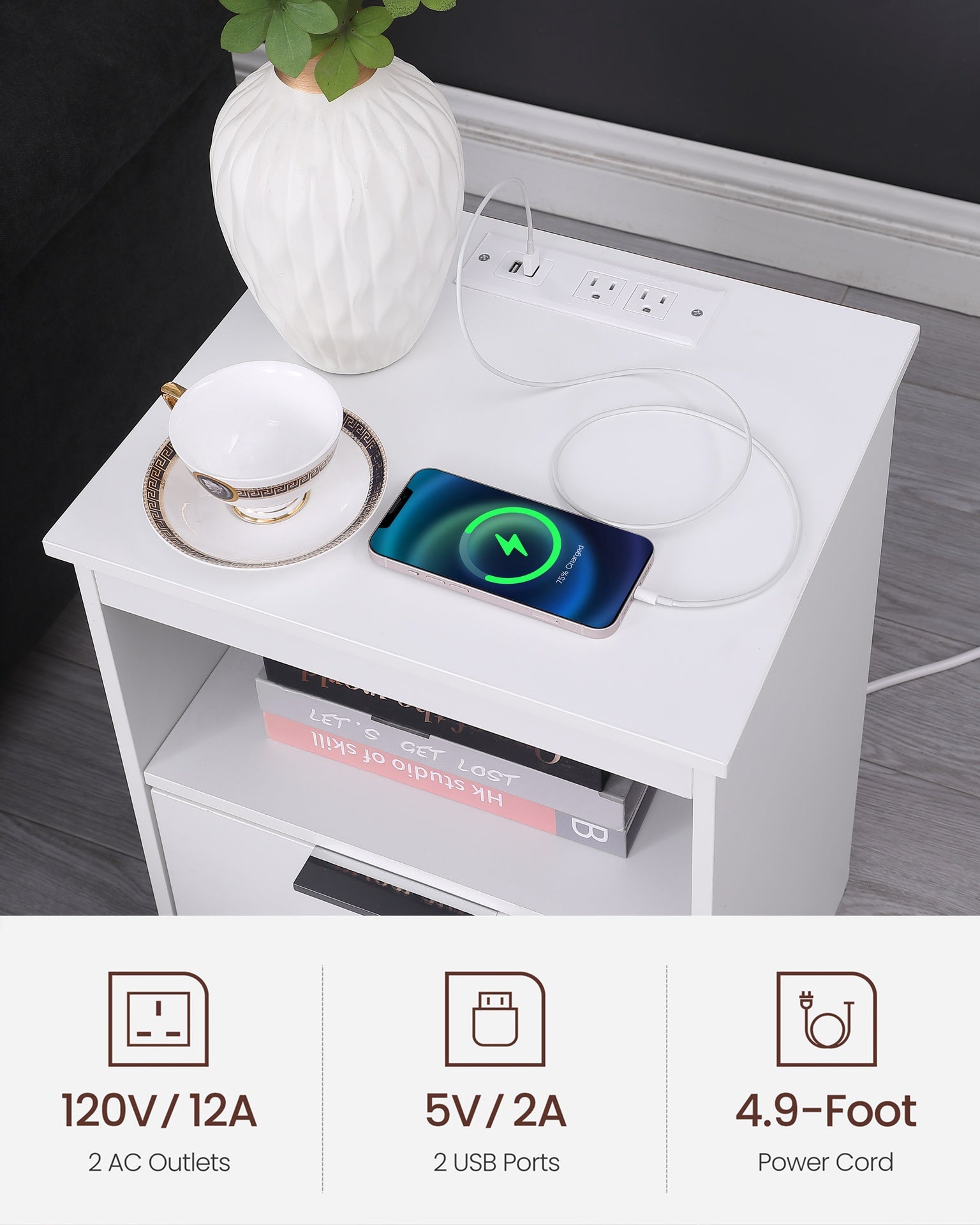 Nightstand with Charging Station,End Table with 2 Drawers,Wooden End Table with Drawer and Opening Shelf,Side Table for Bedroom, White