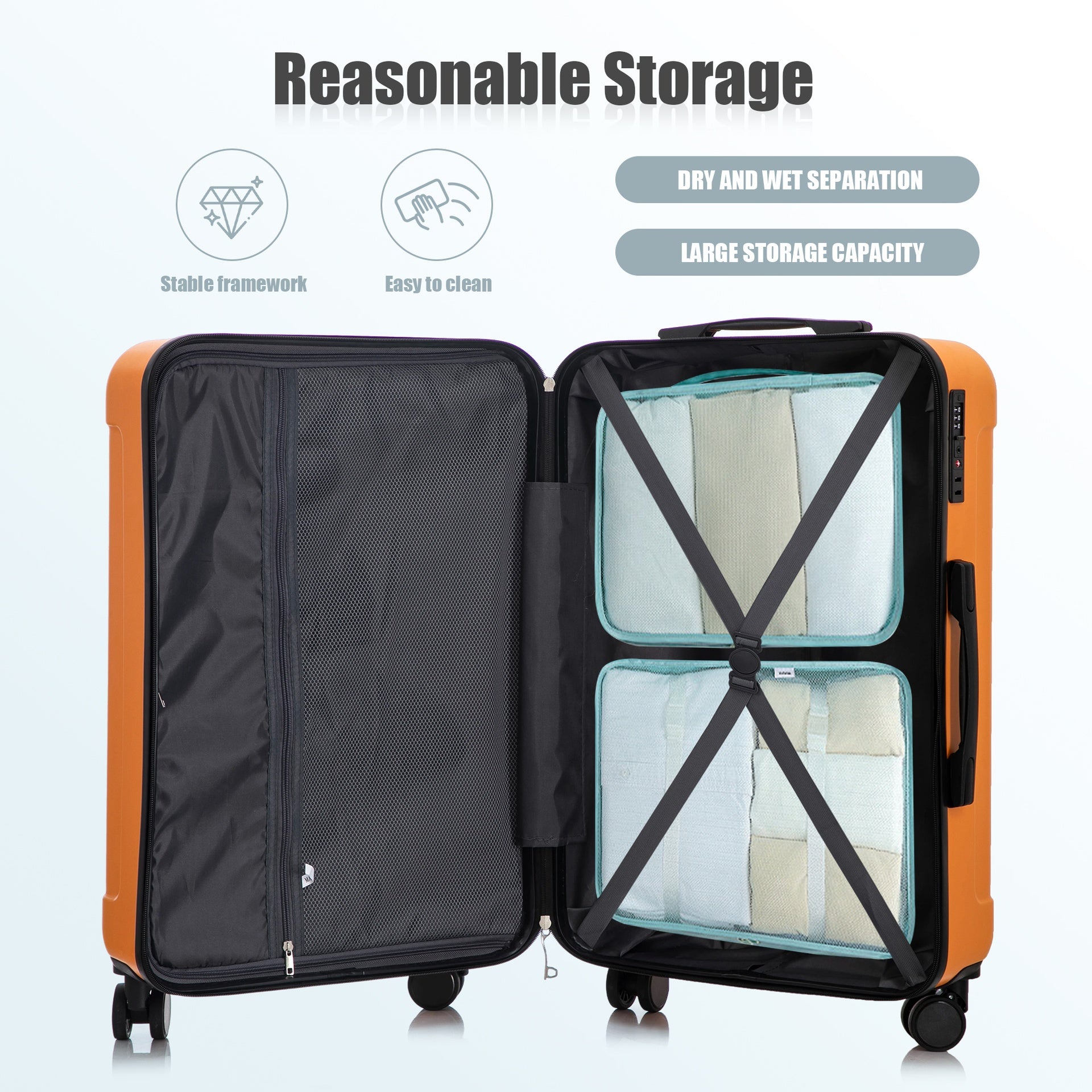 20"/24"/28" 3 pcs/set in ABS Spinner Wheel Luggage, Carry on Suitcase, Matching Color, TSA Combination Lock (Black+Orange)