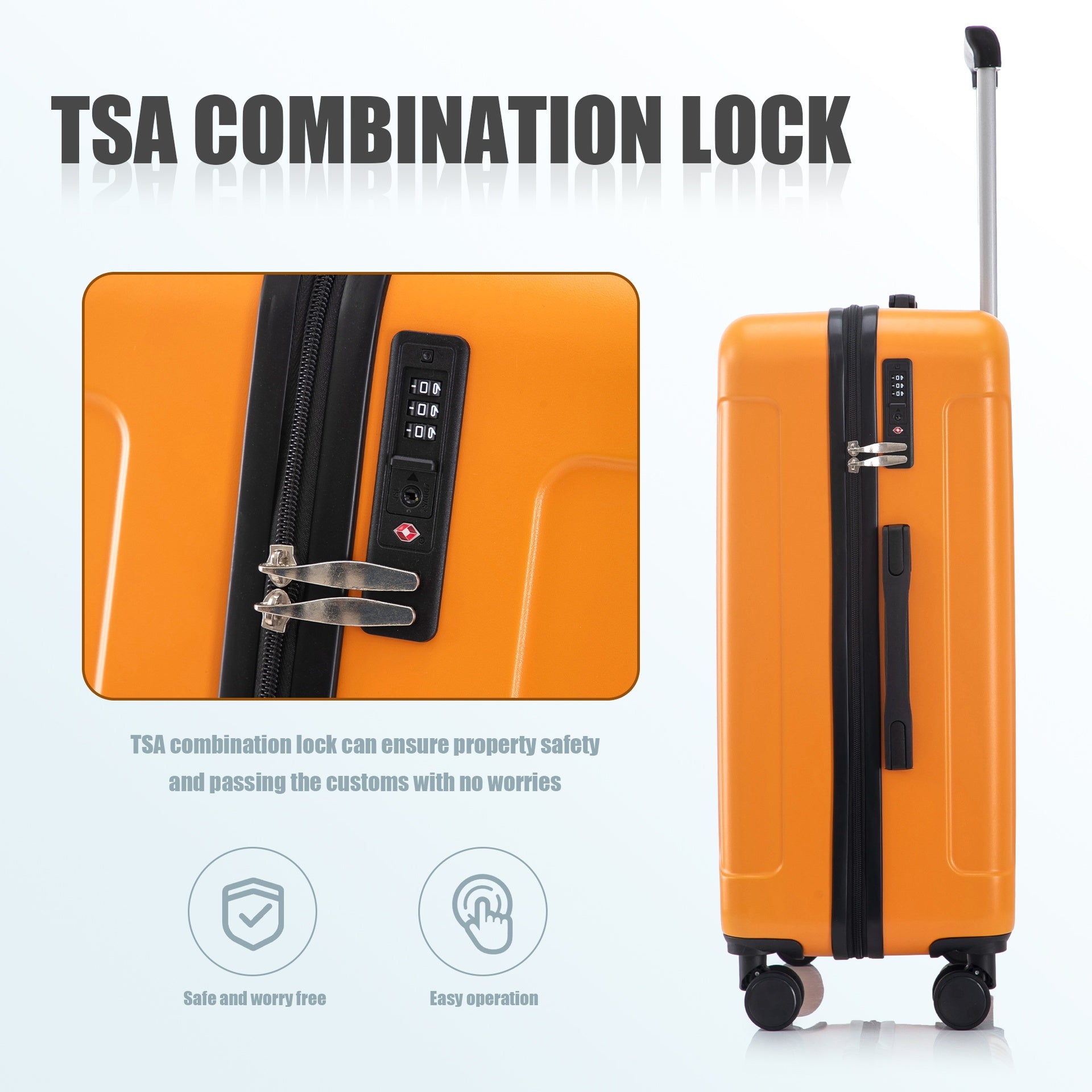 20"/24"/28" 3 pcs/set in ABS Spinner Wheel Luggage, Carry on Suitcase, Matching Color, TSA Combination Lock (Black+Orange)
