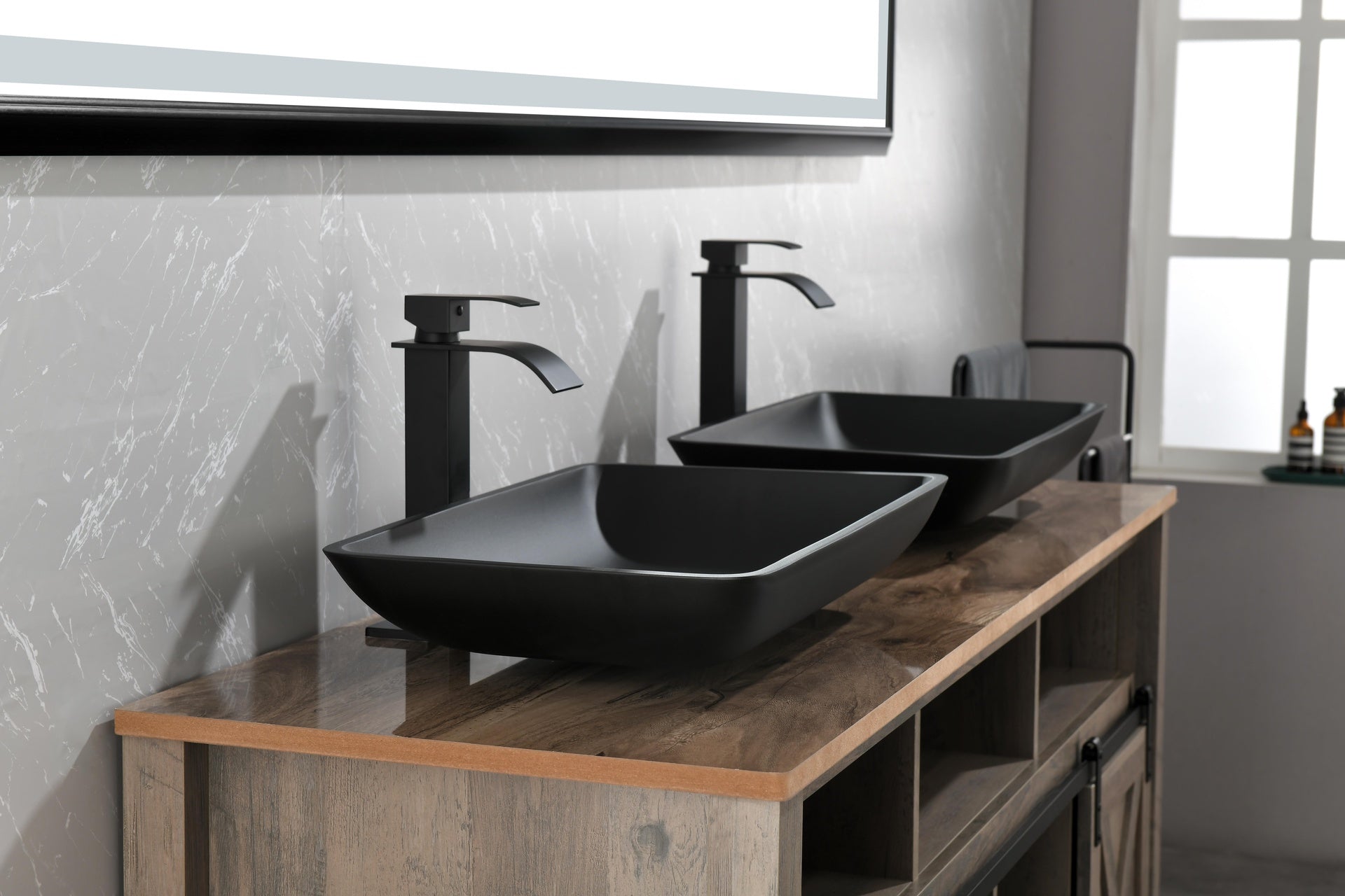 22" L -14" W - 4" H Matte Black Glass Rectangular Vessel Bathroom Sink with Faucet and Pop-Up Drain in Matte Black