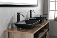 22" L -14" W - 4" H Matte Black Glass Rectangular Vessel Bathroom Sink with Faucet and Pop-Up Drain in Matte Black