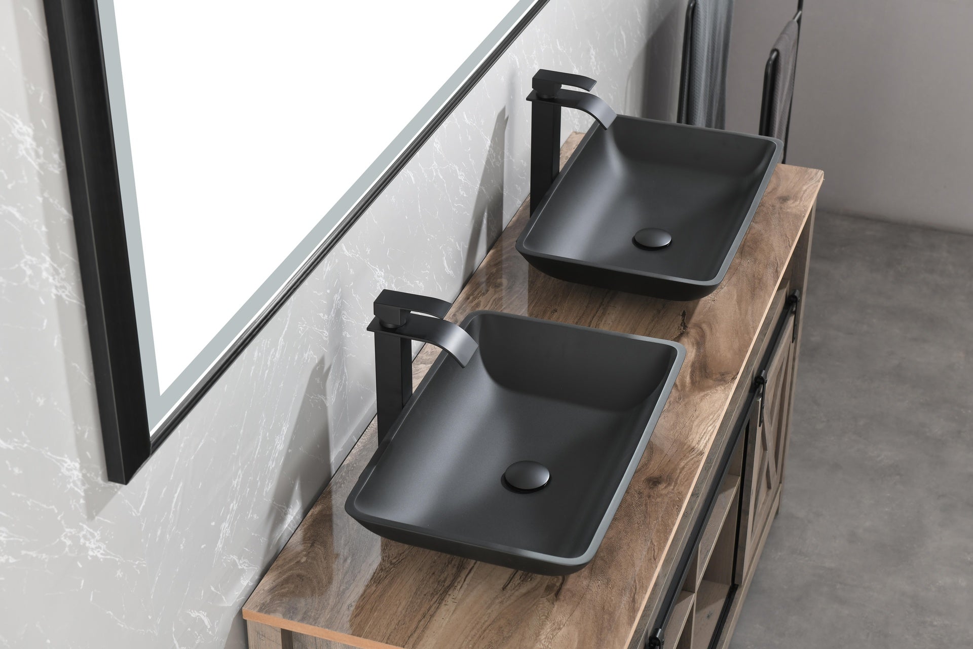 22" L -14" W - 4" H Matte Black Glass Rectangular Vessel Bathroom Sink with Faucet and Pop-Up Drain in Matte Black