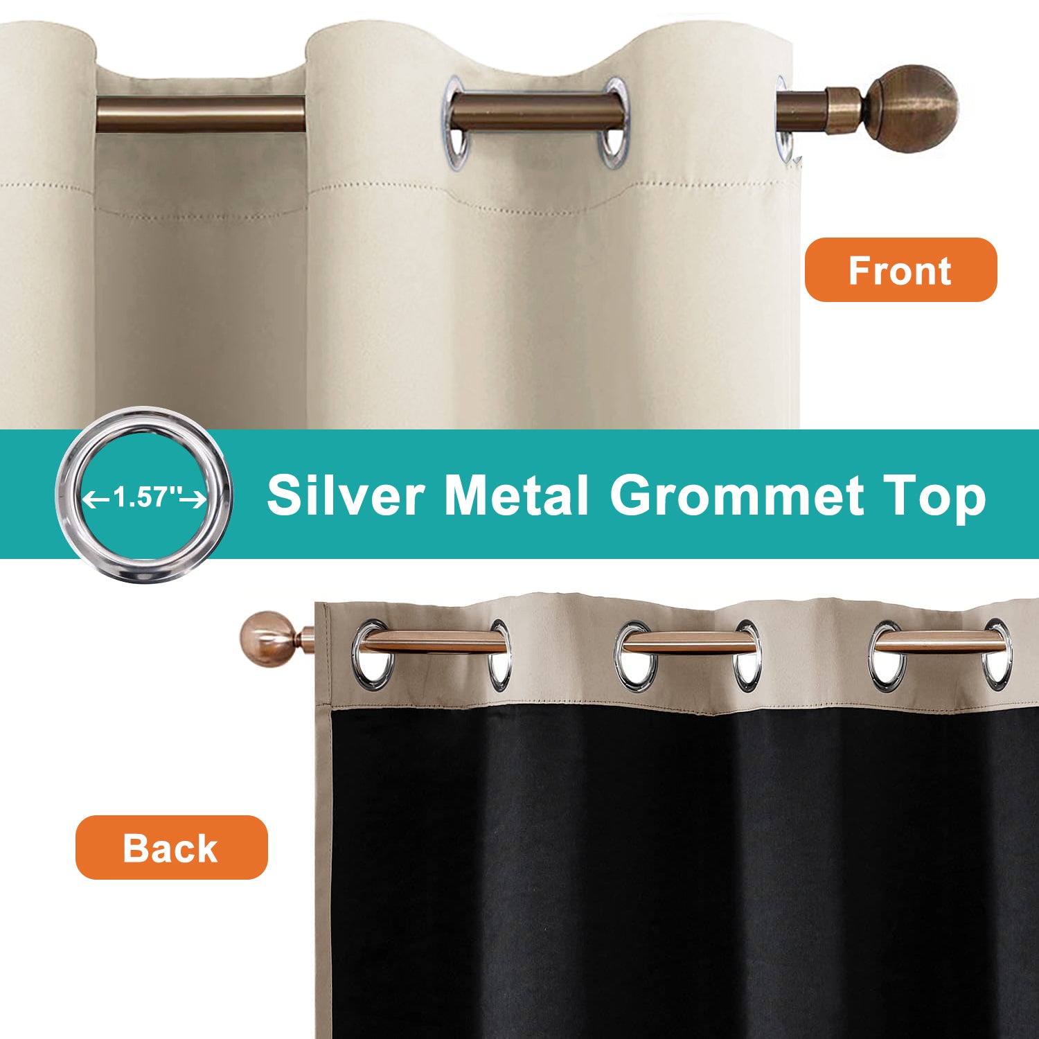 Blackout Indoor curtain grommets with coating, beige, 52*63 inch, 2 Panels