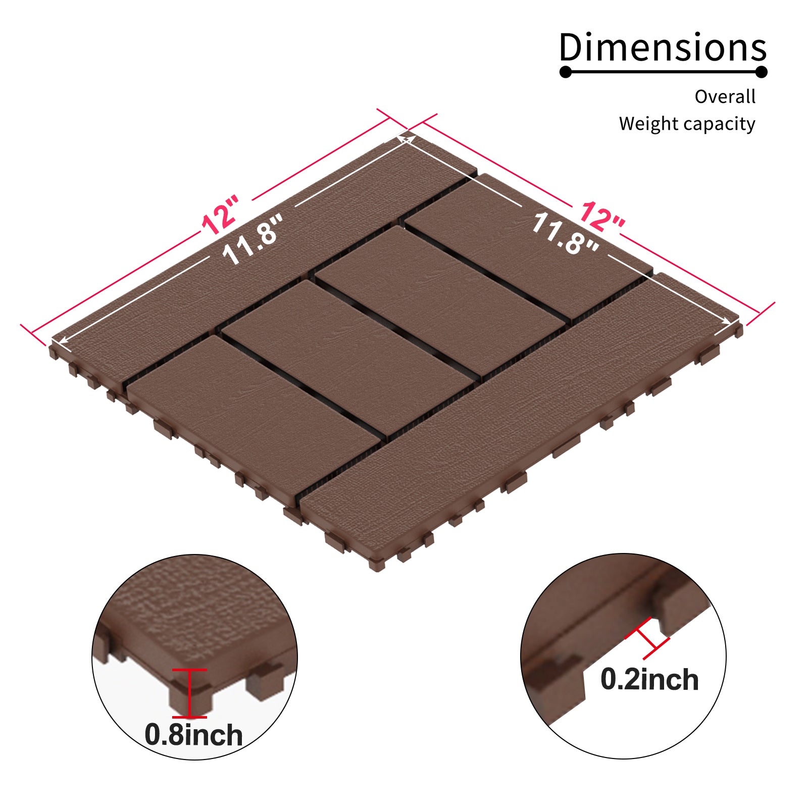 H Style 12" Patio Deck Tiles, DIY Module Interlocking Decking Tiles Floor Tile,Easy and Quick Installation Court Tiles for Porch Poolside Balcony Backyard 44pcs Red Brown