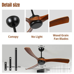 72 Inch wood Ceiling Fan no light with Remote Control, Low Profile Ceiling Fan without Light,Noiseless Reversible DC Motor with Timer