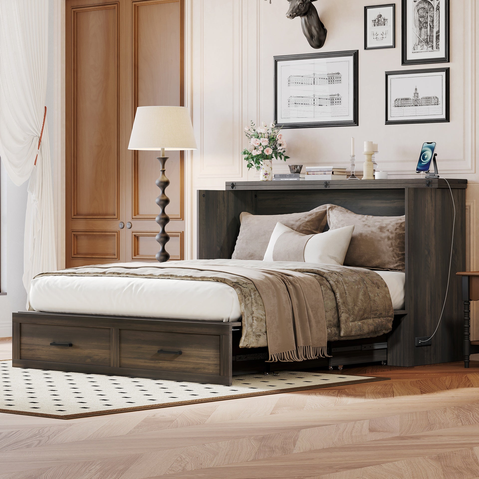 Queen Size Farmhouse Murphy Cabinet Bed with Charging Station, Foldable Platform Bed with Large Storage Drawer for Guest-Room, Small Bedroom, Rustic Gray
