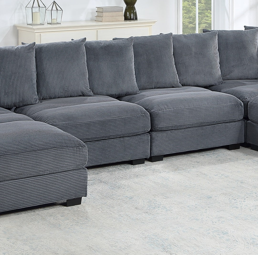Contemporary Dark Gray 6pc Modular Sectional Set Corduroy Couch LAF & RAF Chairs 2x Armless Chairs 2x Ottomans Living Room Furniture