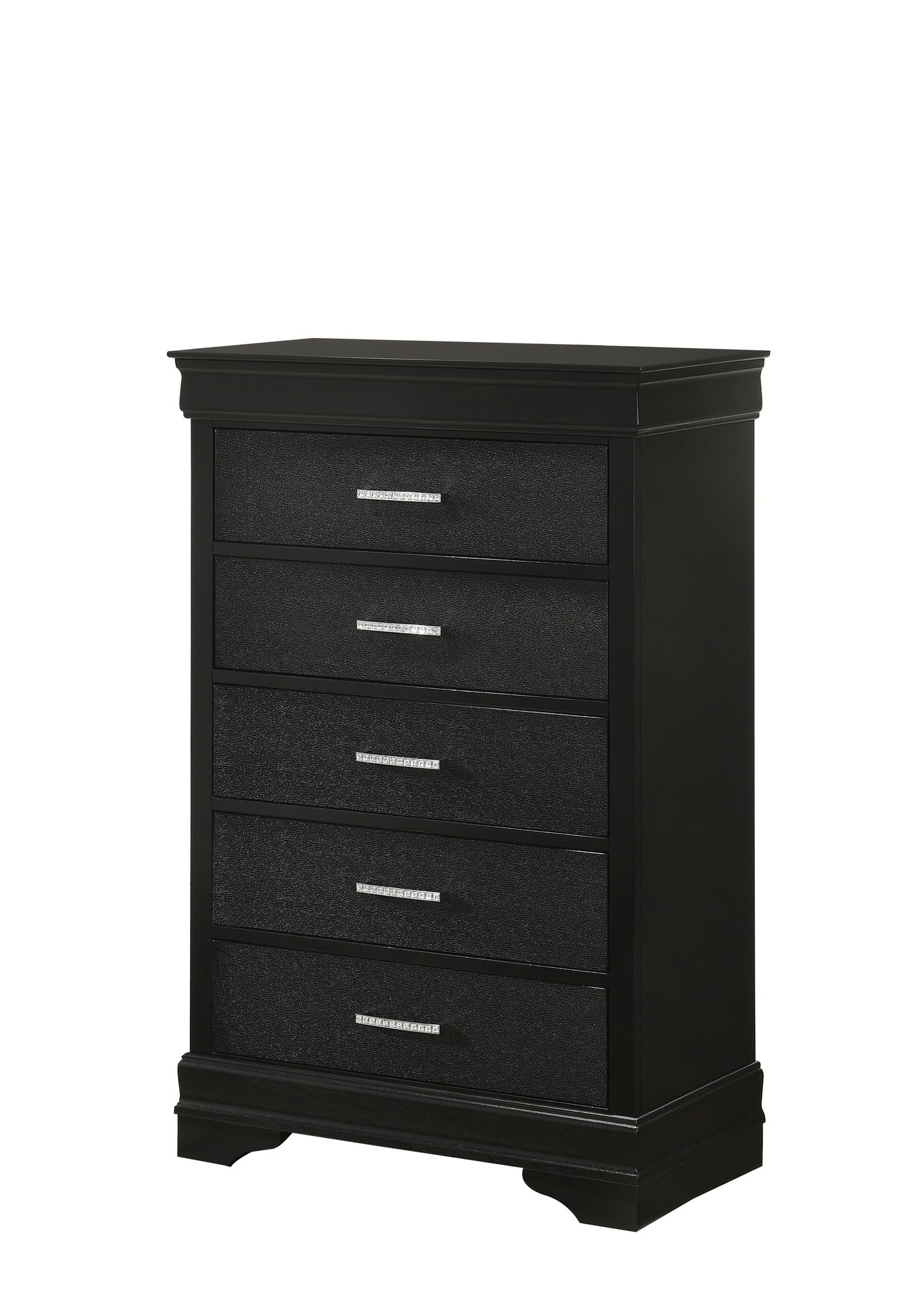 5-Drawer Tall Chest Modern 1pc Black Finish Solid Wood Wooden Crocodile Texture Crystal Tufted Handle Bedroom Home Furniture