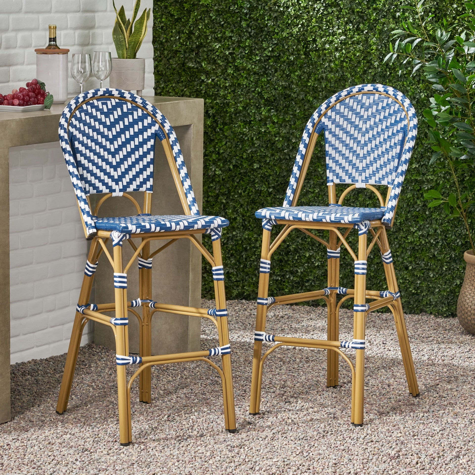 29.5" Outdoor PE Rattan French Barstool, Navy Blue and White, Aluminum Frame with Bamboo Finish (Set of 2)