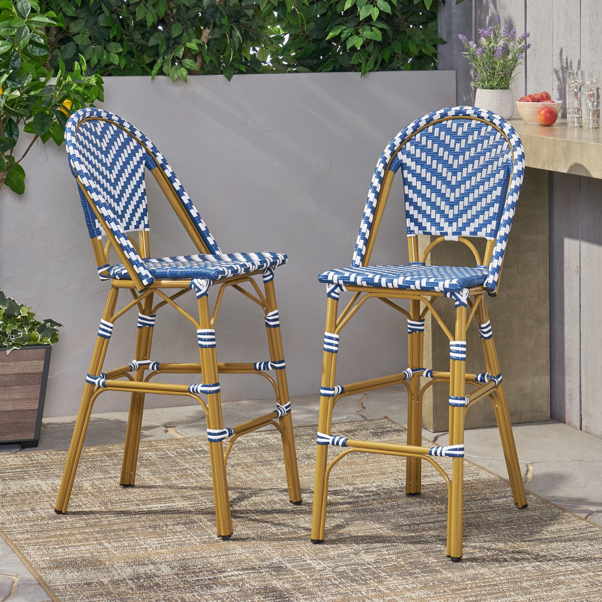29.5" Outdoor PE Rattan French Barstool, Navy Blue and White, Aluminum Frame with Bamboo Finish (Set of 2)