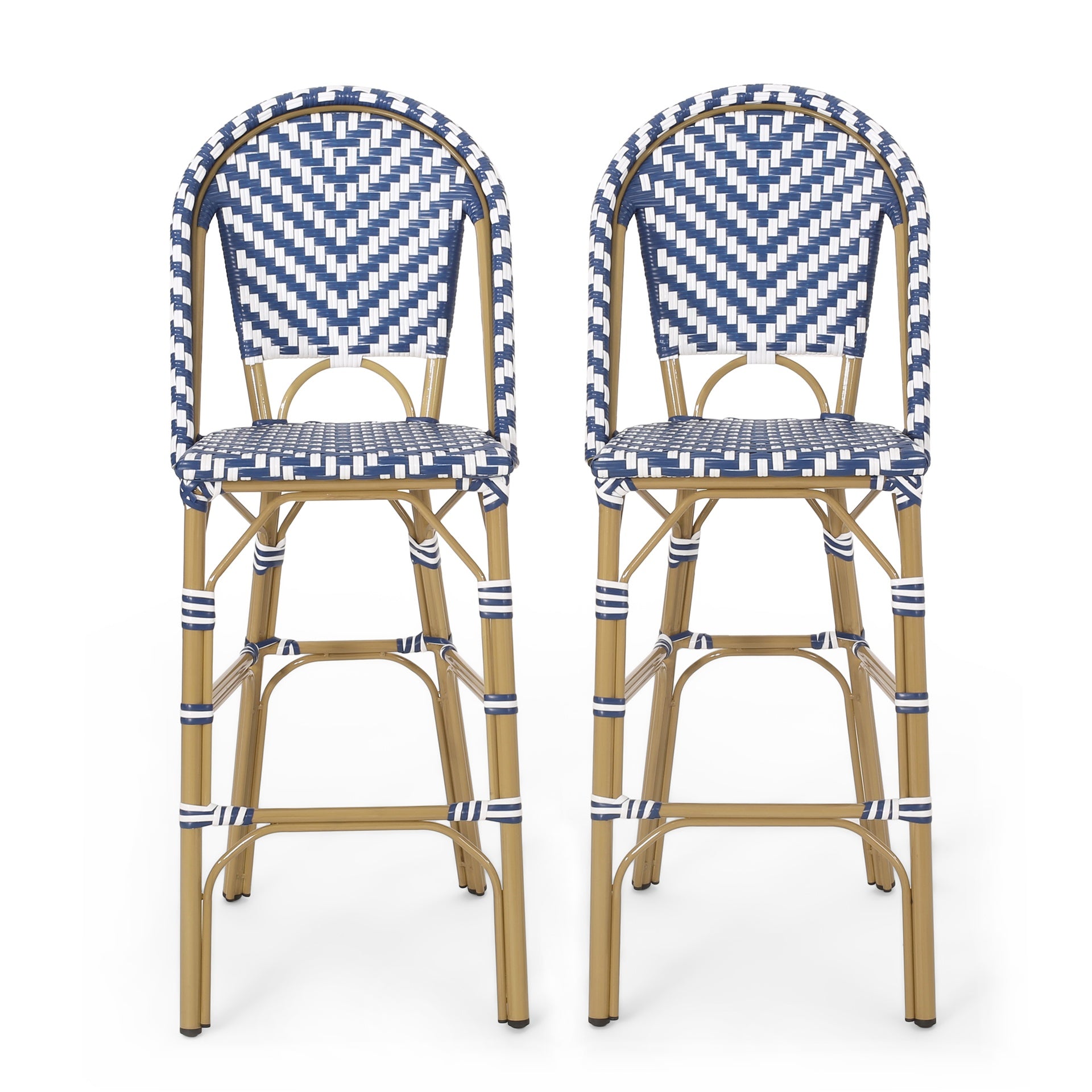 29.5" Outdoor PE Rattan French Barstool, Navy Blue and White, Aluminum Frame with Bamboo Finish (Set of 2)