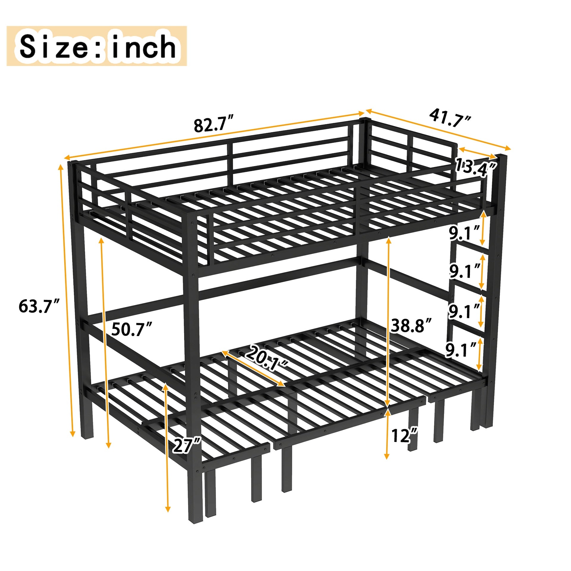 Twin XL over Twin XL size pull-out Metal Bunk Bed, lower bunk can be pulled out in three sections, top bunk equipped with safety rails, black.