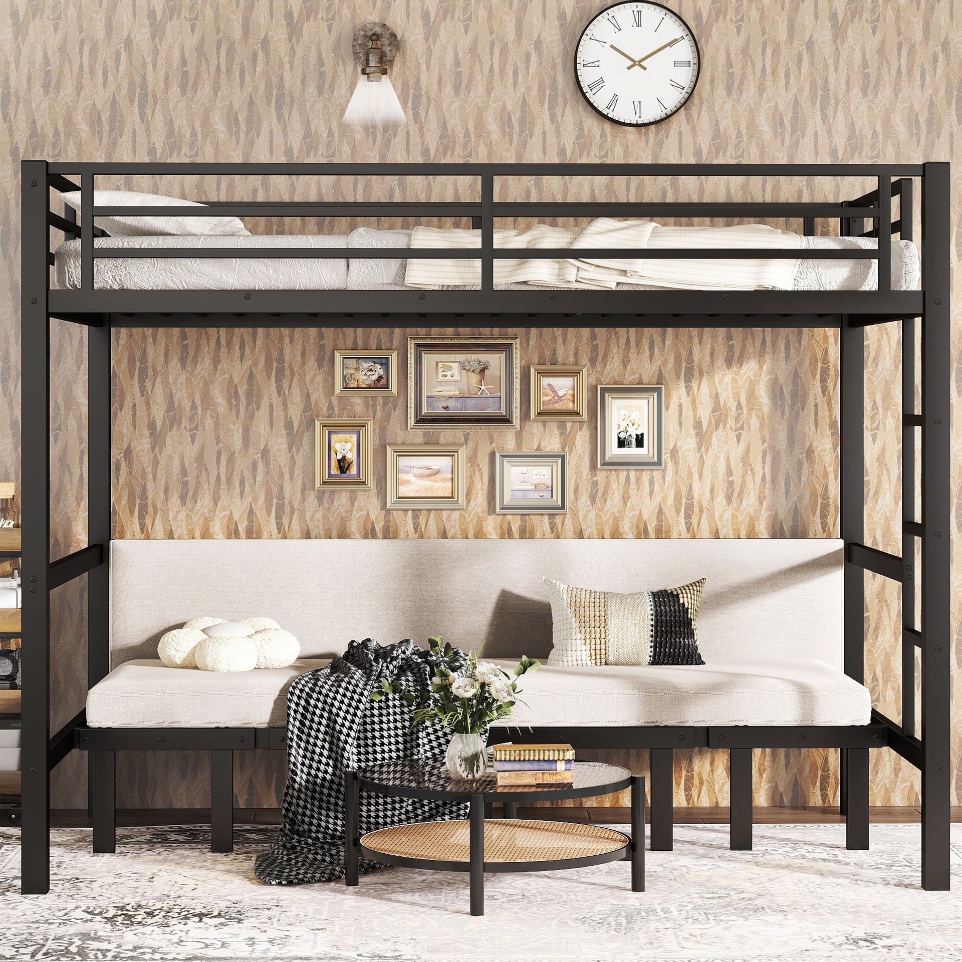 Twin XL over Twin XL size pull-out Metal Bunk Bed, lower bunk can be pulled out in three sections, top bunk equipped with safety rails, black.