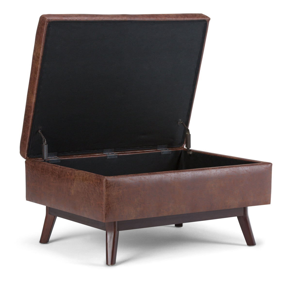 Owen 34 inch Wide Coffee Table Storage Ottoman in Distressed Saddle Brown Vegan Leather