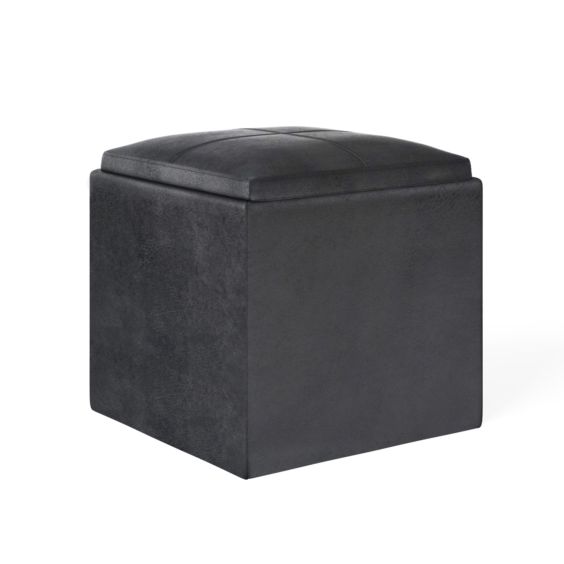 Rockwood 17 inch Wide Cube Storage Ottoman with Tray in Distressed Black Vegan Leather