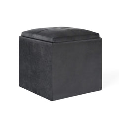 Rockwood 17 inch Wide Cube Storage Ottoman with Tray in Distressed Black Vegan Leather