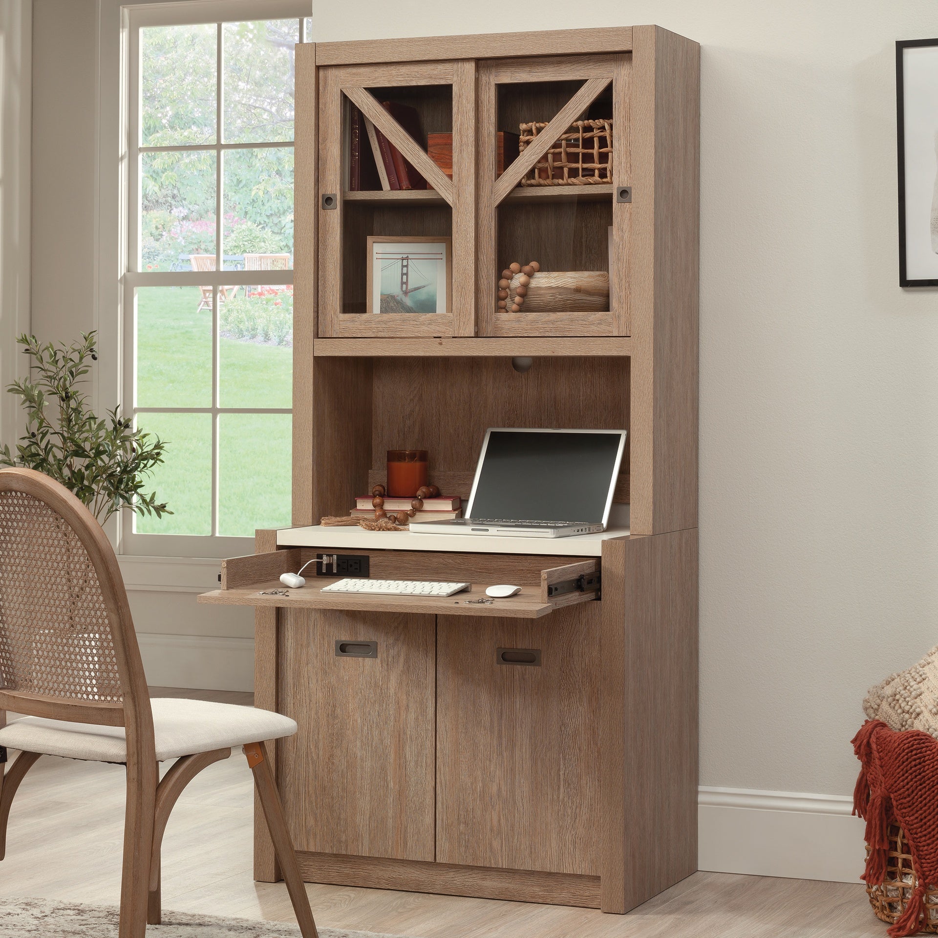 Farmhouse Library Hutch with Glass Doors, Brown finish