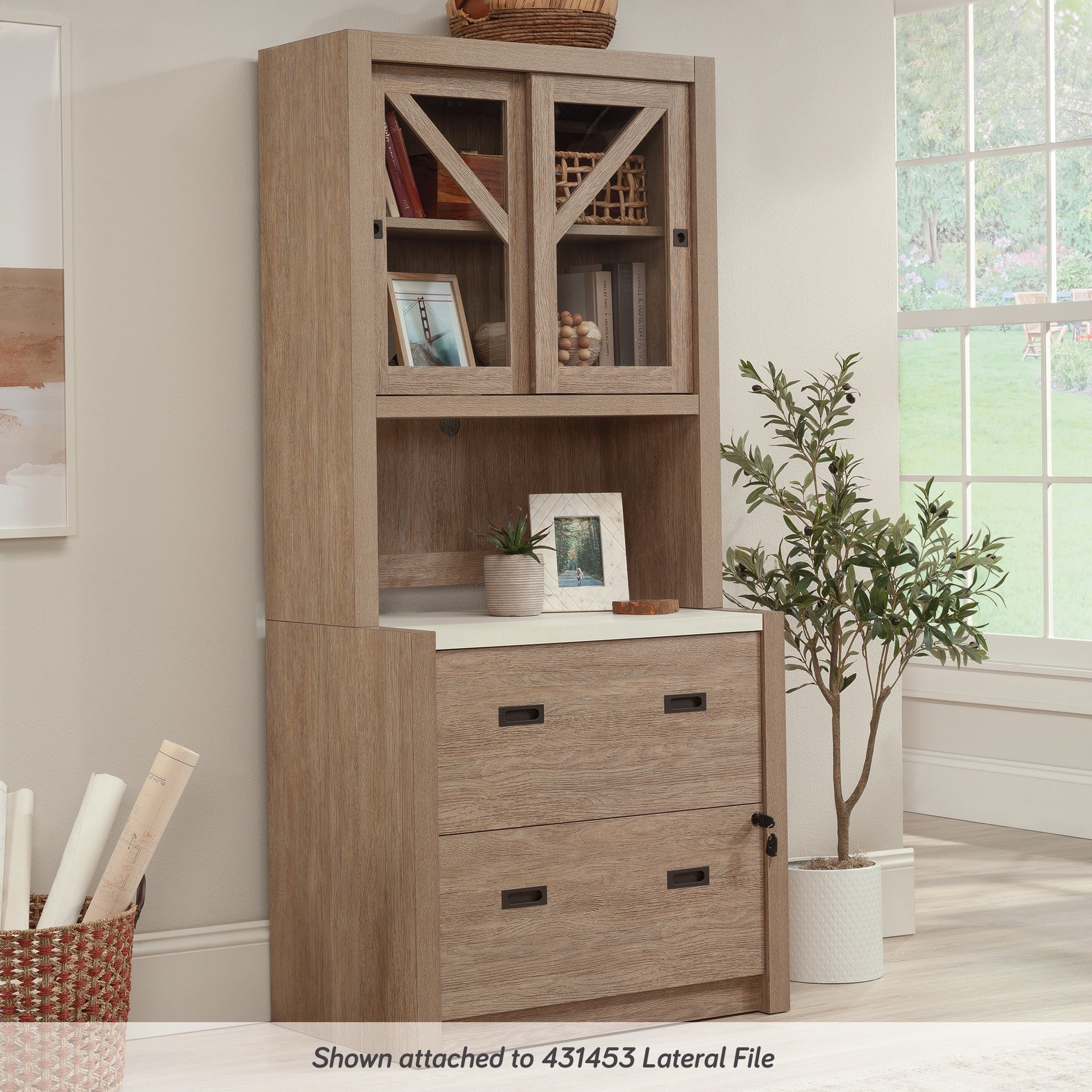 Farmhouse Library Hutch with Glass Doors, Brown finish