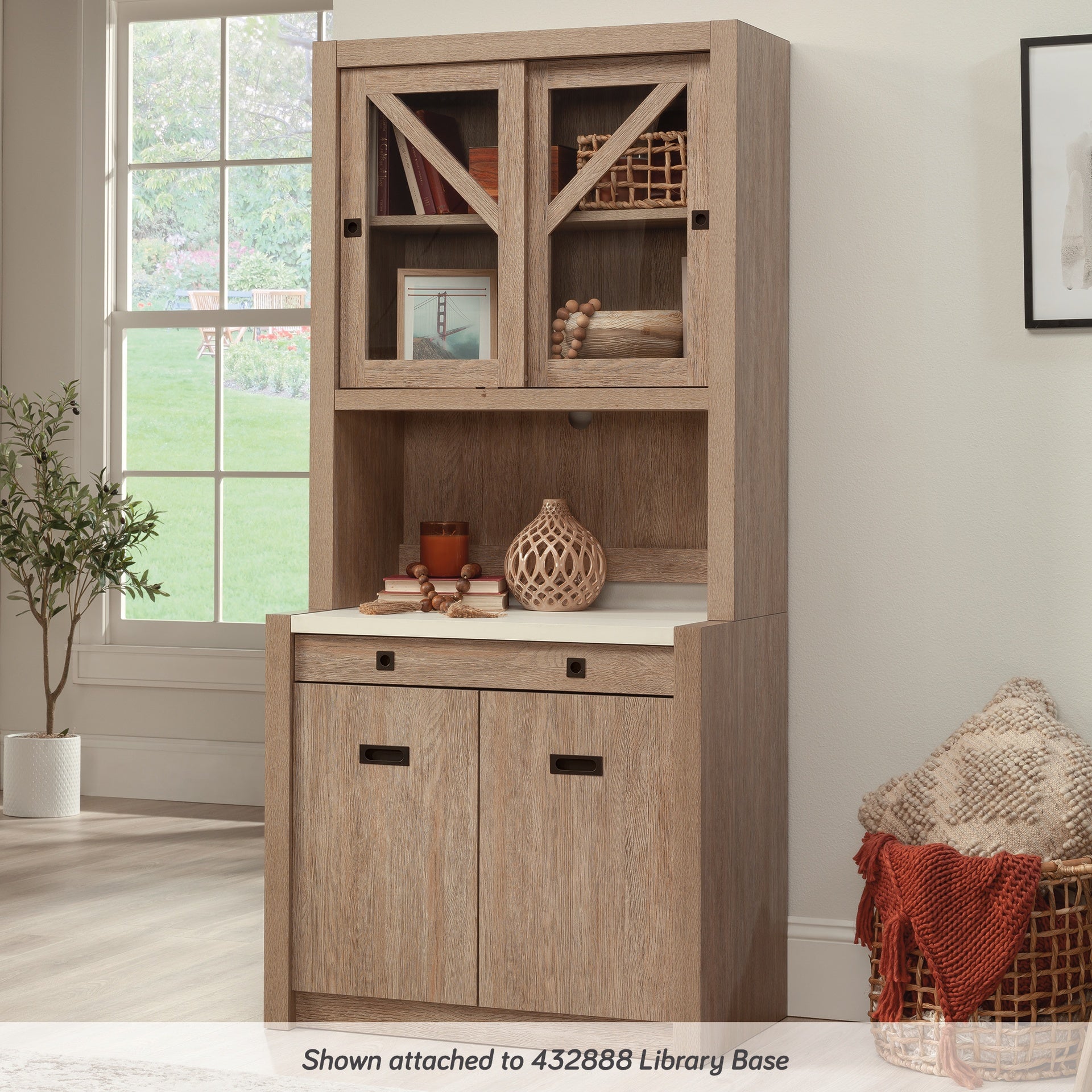 Farmhouse Library Hutch with Glass Doors, Brown finish