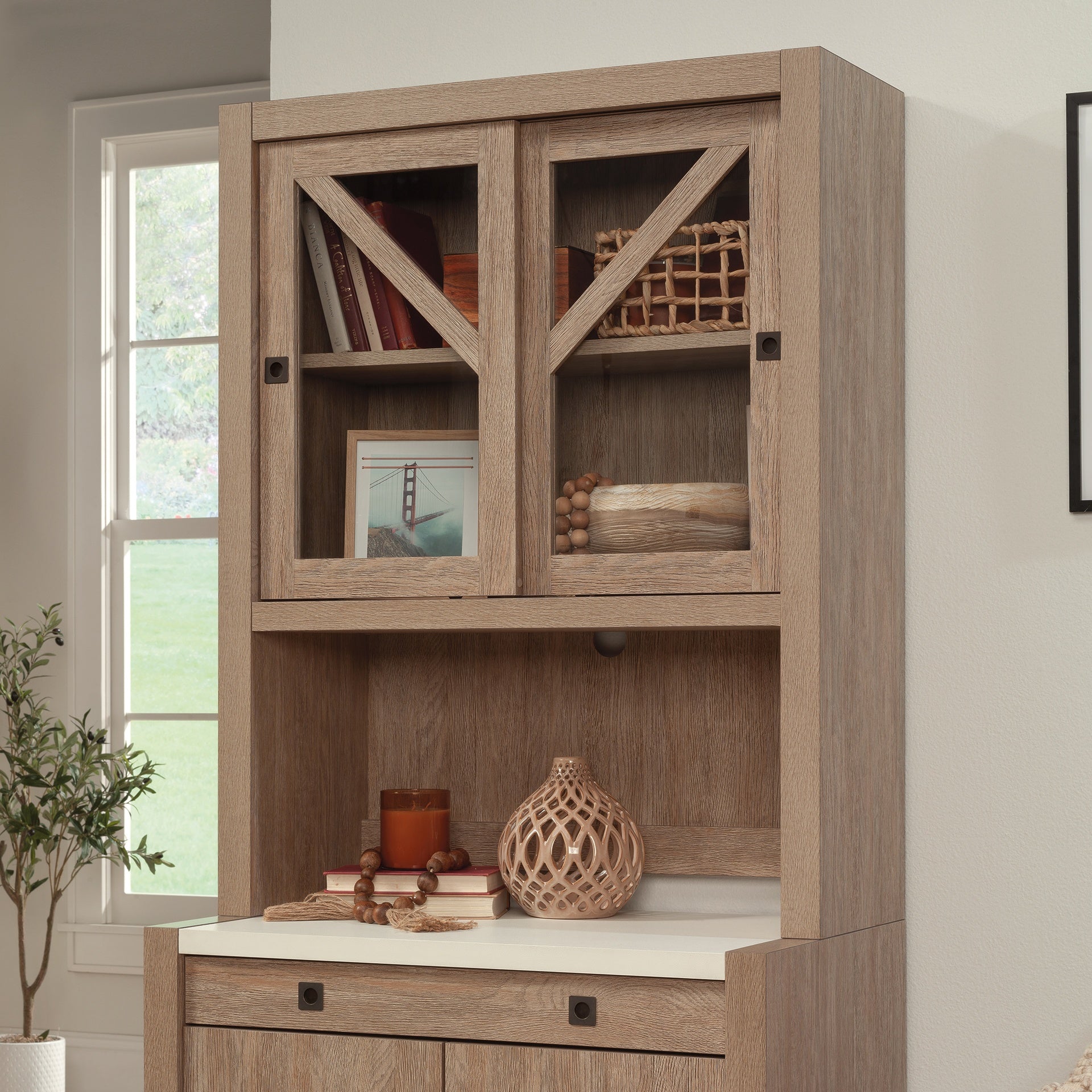 Farmhouse Library Hutch with Glass Doors, Brown finish