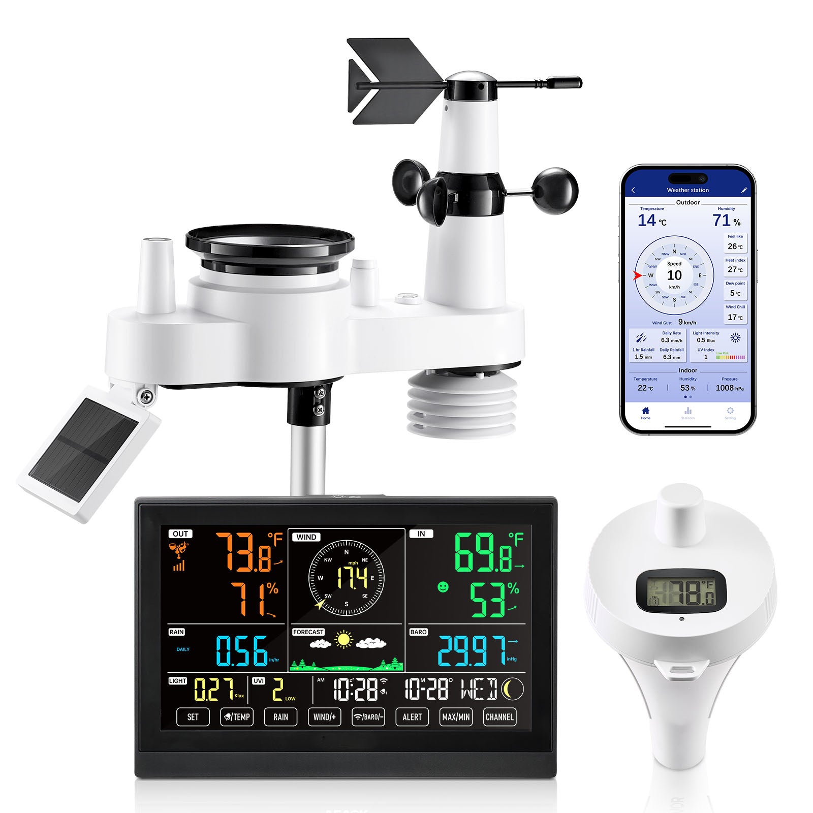 7-in-1 Wi-Fi Weather Station with APP, 7.5 in Display, Wireless Solar Powered Outdoor Sensor, with Pool Thermometer, Rain Gauge, Indoor Outdoor for Weather Forecast, Wind Speed, Pool Temperature