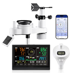 7-in-1 Wi-Fi Weather Station with APP, 7.5 in Display, Wireless Solar Powered Outdoor Sensor, with Pool Thermometer, Rain Gauge, Indoor Outdoor for Weather Forecast, Wind Speed, Pool Temperature