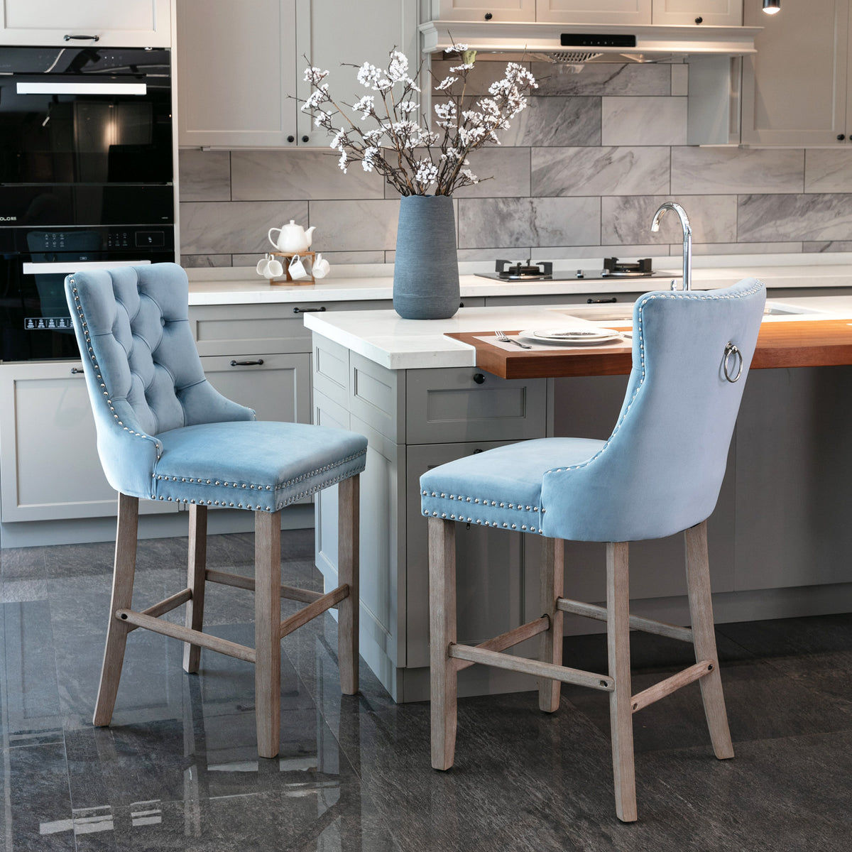 Contemporary Velvet Upholstered Barstools with Button Tufted Decoration and Wooden Legs, and Chrome Nailhead Trim, Leisure Style Bar Chairs,Bar stools, Set of 2 (Light Blue),SW2002LB