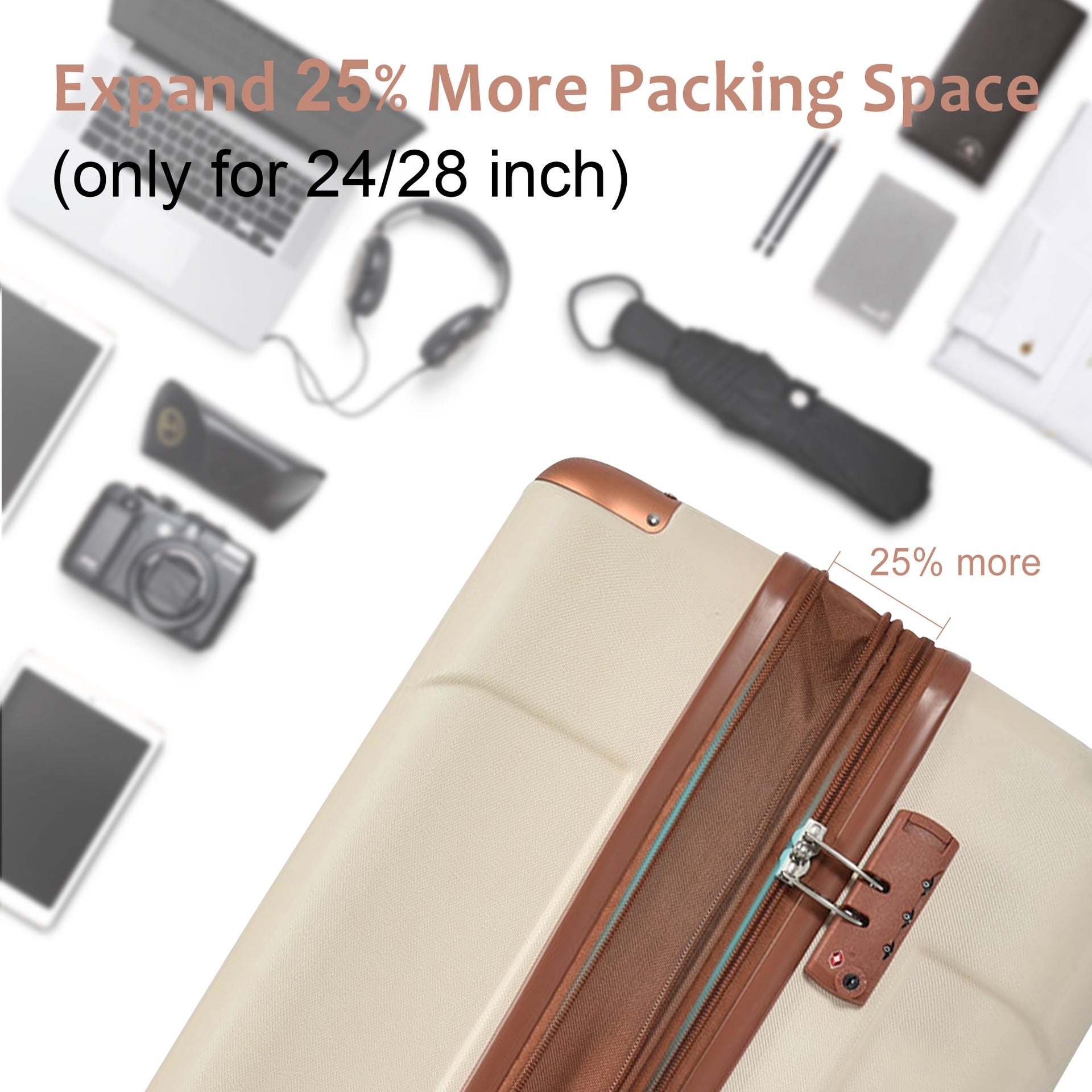 Luggage Sets 3 Piece, Expandable Hard shell ABS Suitcases with Double Spinner, Travel luggage Set with TSA Lock (20/24/28inch, White Brown)