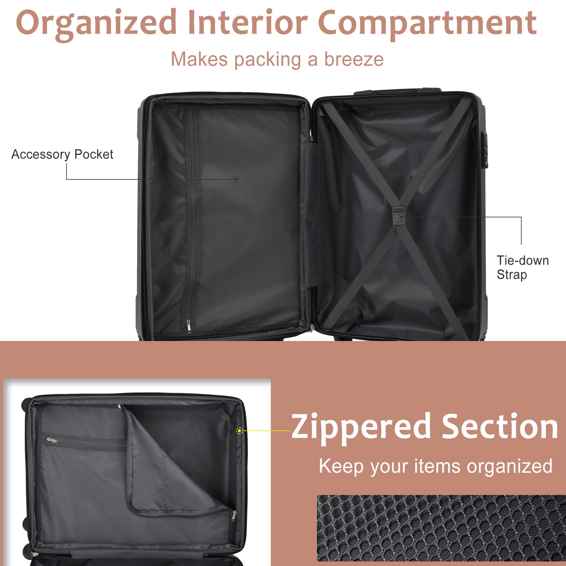 Luggage Sets 3 Piece, Expandable Hard shell ABS Suitcases with Double Spinner, Travel luggage Set with TSA Lock (20/24/28inch, White Brown)