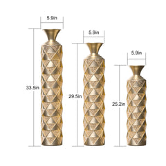 Semi-Handmade Metal Floor Vase Set of 3, Gold-Plated Geometric Diamond Pattern Vases, 33.5/29.5/25.2 Inch Large Decorative Vases for Living Room, Entryway, Office Decor (4.72in Top, 5.91in Base)